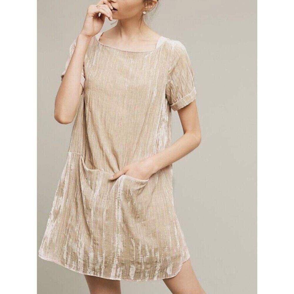Anthropologie Floreat Crinkle Velvet Shift Dress Sz XS Champagne Pockets Boho